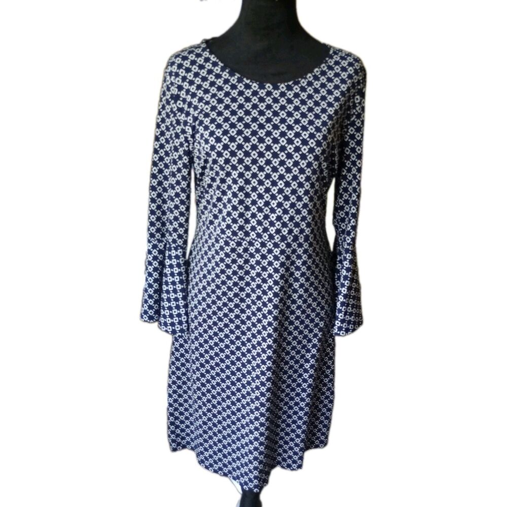 Annick Women's M Blue/White Geometric Design Midi Dress With Belll Sleeves